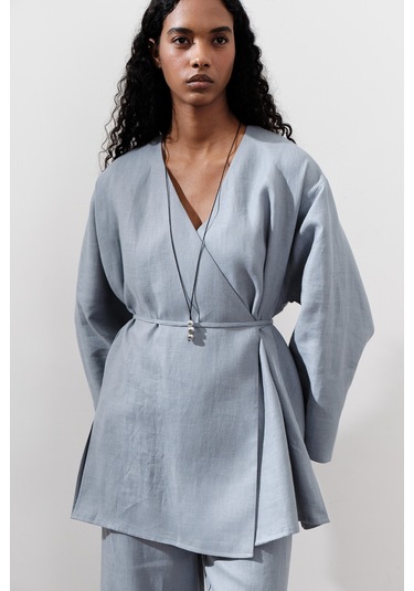 Keten Kruvaze Kapama Kimono Mavi Mavi