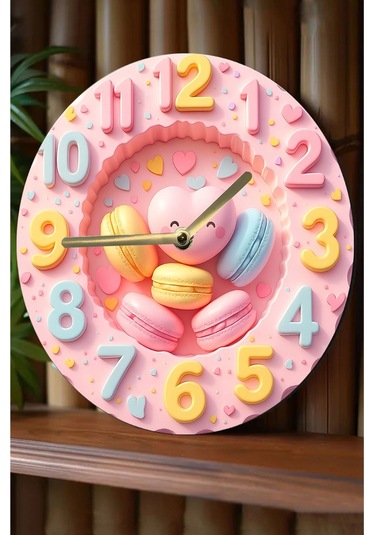 Pembe Kalpli Makaron Temalı Mdf Duvar Saati 3d Görünümlü, 2d Hd Baskı, Sessiz Mekanizmalı, Sdw233 Renkli