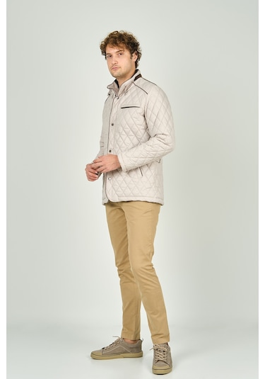 Daynax Erkek Dik Yaka Fermuar Ve Çıtçıt Kapamalı Kapitone Kaban 1000 Bej Bej