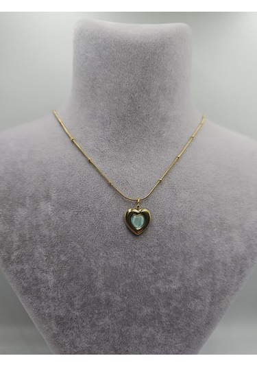 Minimal Yeşil Kalp Detay Çelik Kolye Altın
