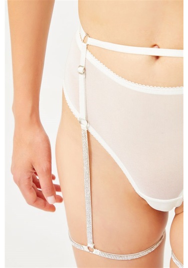 Krem Ayarlanabilir Taş Detaylı Tanga Külotlu Kadın Jartiyer Krem
