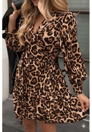 Kadın Uzun Kollu Kruvaze Yakalı Fırfırlı Belden Kuşaklı Leopar Desen Modal Elbise Leopar