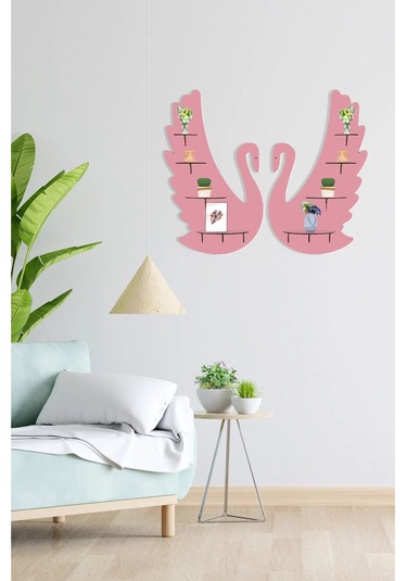 2'li Kuğu Ahşap Duvar Dekoru 8 Raflı Mobilya