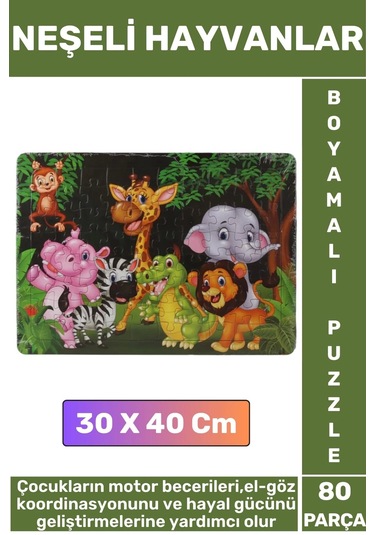 Premium Eğlenceli El Göz Koordinasyonu Motor Becerisi 80 Parça Boyamalı Puzzle Neşeli Hayvanlar