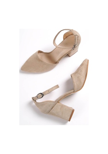 Flora Bej Süet Bilekten Bantlı Topuklu Ayakkabı