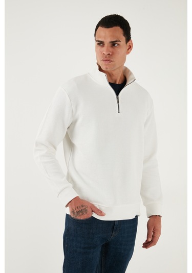 Buratti Pamuklu Regular Fit Yarım Fermuarlı Dik Yaka Erkek Sweat 5905716 Ekru