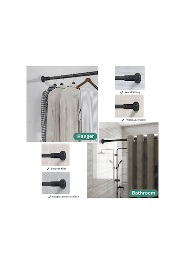 Qingmipy Stainless Steel Yeşil Uzayabilir Örtü Çubuğu - Duş Perdesi, Giysi Kurutma, 110-200cm, Delmezsiz Montaj Siyah