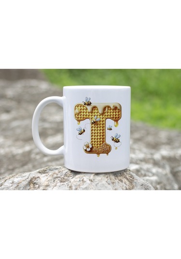 T Harfi Bal Arısı Tasarım Kupa Bardak - Bal Ve Petek Desenli Kişiye Özel Kahve Kupası - Hediyelik Beyaz
