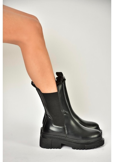 Fox Shoes T652449009 Siyah Kalın Tabanlı Kadın Bot Siyah-Suni Deri Siyah