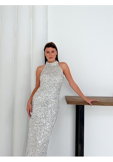 Halter Yaka Payetli Gümüş Abiye Elbise Gümüş