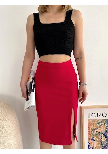 Yırtmaçlı Esnek Kumaş Midi Boy Etek Koyu Kırmızı Kırmızı