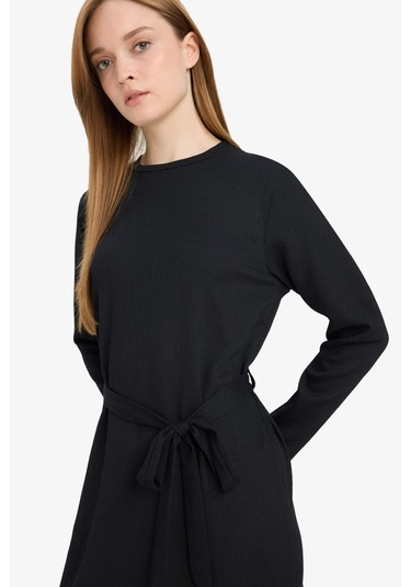 Defacto Regular Fit Bisiklet Yaka Bağlamalı Uzun Kollu Maxi Elbise D9063ax25spbk81 Siyah