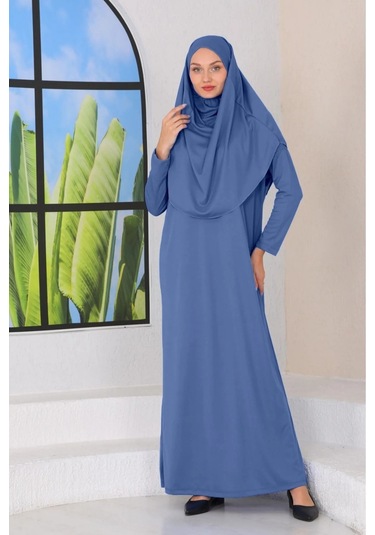 Tek Parça Namaz Elbisesi Indigo Mavi-20993 Gül Kurusu