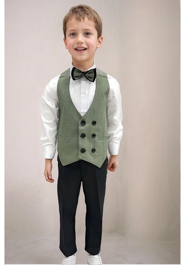 Riccotarz Erkek Bebek Takım Elbise Çizgili Yelekli Yosun Yeşili Alt Üst Takım Yeşil