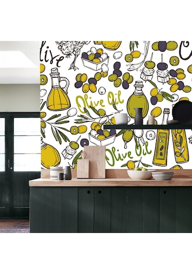 Mutfak Duvar Kağıdı Kaplama Folyosu Zeytin Yağ Desenli