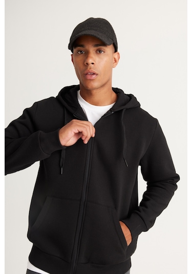 AC&Co / Altınyıldız Classics Standart Fit Normal Kesim Kapüşonlu Fermuarlı Erkek Sweatshirt - Siyah