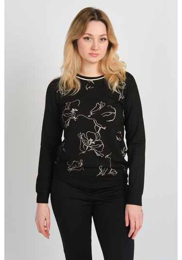 Sistas Kadın Desenli Bisiklet Yaka Uzun Kol Bluz 24611 Siyah Siyah