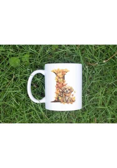 I Harf Sonbahar Yaprak Temalı Kupa Bardak - Sevimli Figürler İle Alfabe Harfli Bardak - Kişiye Özel Beyaz