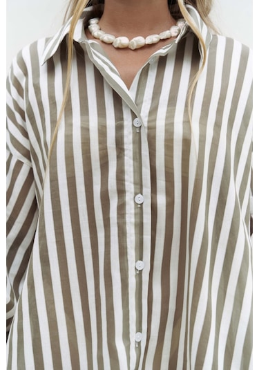 Rosy Transparan Çizgili Haki Oversize Gömlek Haki