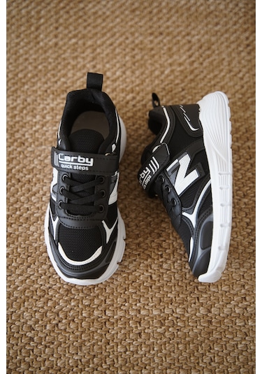 D0130 Cırtlı Çocuk Unisex Sneaker Spor Ayakkabı Siyah-beyaz