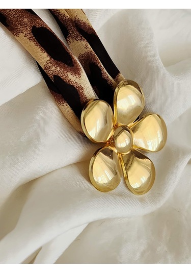 Leopar Desen Bombeli Çiçek Model Kumaş Detaylı Kolye 46cm Kahverengi - Siyah