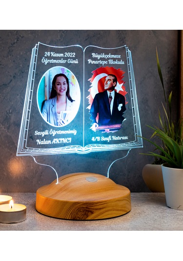 Öğretmene Hediye Renkli Öğretmen Resmi Baskılı Renklendirilmiş Atatürk Görselli 24 Kasım Hatırası Led Lamba Çok Renkli