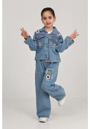 Moonch Kuromi Nakışlı İşlemeli Kız Çocuk Kot Takım-2'li Denim Set Mavi