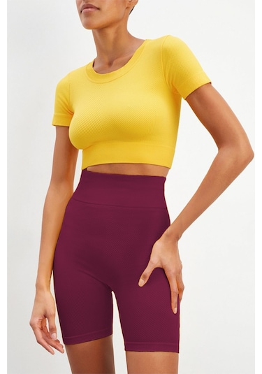 Mistirik Felolin Model Örme Seamless Şort Biker Şort Yüksek Bel Toparlayıcı Şort Bordo Renk Bordo