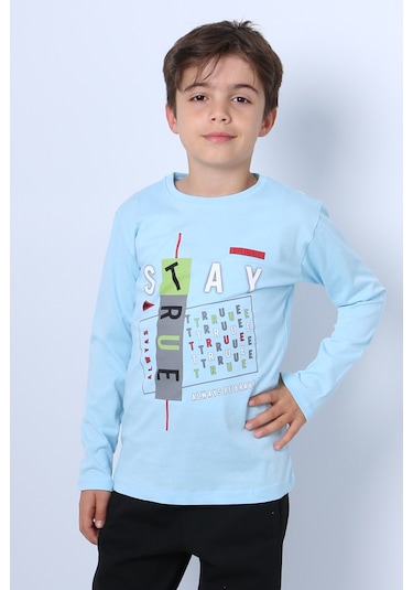 Hçm Erkek Çocuk Uzun Kollu Tshirt Stay True Baskılı Bisiklet Yaka E29 Turkuaz