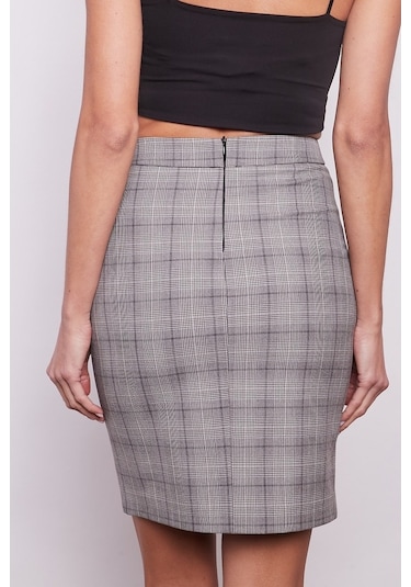 Ekose Desenli Yüksek Bel Diz Üstü Likralı Pamuklu Kumaş Kalem Ete (533384466)