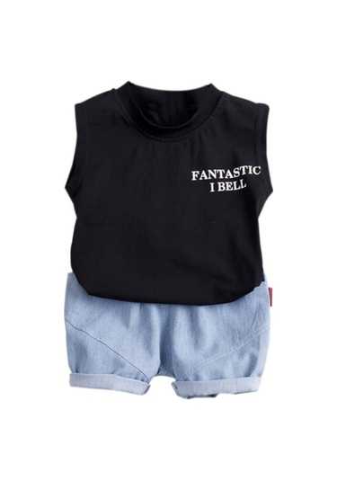 Siyah Yaz Erkek Bebek Kız Rahat Kolsuz Mektup Dinozor Baskı Yelek Üstleri + Şort Takım Elbise Kostüm Seti Siyah