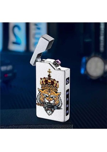 Trendooze Gaojunshop01 Taçlı Kaplan Desenli Rüzgar Geçirmez Usb Şarjlı Çift Arklı Çakmak Gümüşi El Eletrikli Cep Aletleri İçin Gümüş