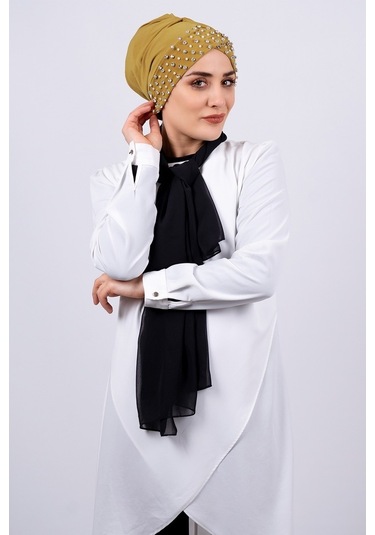 Hardal Pratik Hazır Geçmeli Tesettür Bone Sandy Kumaş Taşlı 1456_ Hardal