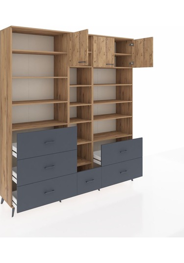 Hyperion Dolap 17 Raflı 6 Çekmeceli 3 Kapaklı 220x44x243 Çam-çam/antrasit Atlas Çam/antrasıt