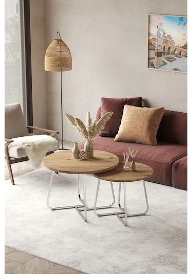 Üsküp Orta Sehpa Takımı Gümüş Metal - Atlantik Çam Tabla