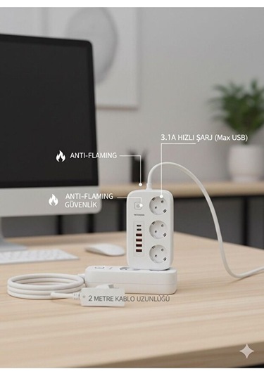 2500w Çoklu Priz 2 Metre - 3 Lü Ac Priz +5 Usb Çıkışı Akım Korumalı Alev Almayan Gövde, 0.12 M