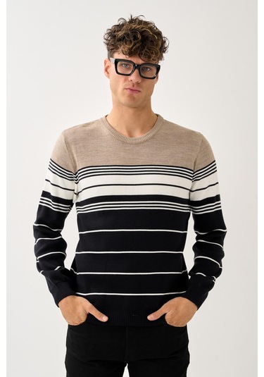 Çizgili Erkek Kazak Bej