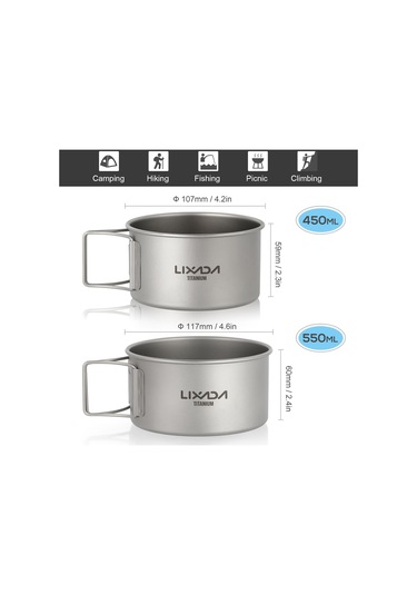 Açık Kamp Yürüyüş İçin Lixada Titanyum Kase Katlanır Kolları Akşam Yemeği Gıda Kabı M - 550ml Çok Renkli