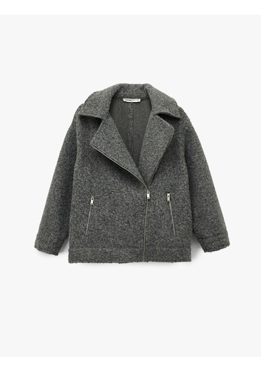 Koton Uzun Kollu Cepli Fermuar Detaylı Kısa Buklet Kaban Gri 6wak20198ew Gri