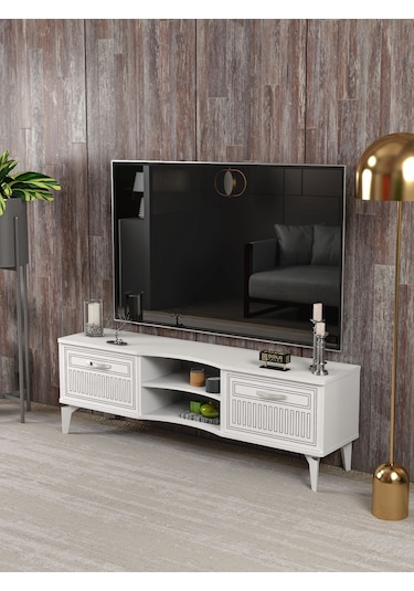 Tv Sehpası Tv Ünitesi Vera Beyaz Çizgili 5053 Beyaz