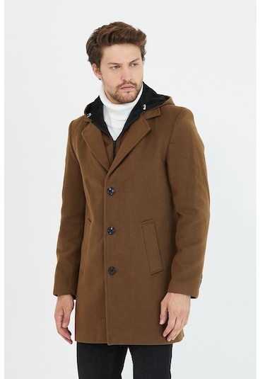 Erkek Taba Yün Karışımlı Kaşe Kapüşonlu Önü Fermuarlı Kaban-Taba