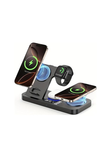 Topshop1 Beyaz 30w Alarmli Kablosuz Sarj Cihazi 6si 1 Arada Rgb Karanlikta Parlayan Hizli Sarj Istasyonu İphone Uyumlu İwatch İcin