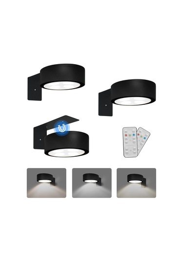 Moveevo 3'lü Manyetik Sanat Işığı - Siyah Kasa, 3 Renk Seçeneği, Uzaktan Kumanda İle Parlaklık Ayarlı, Pilli Tavan/duvar Işığı Siyah