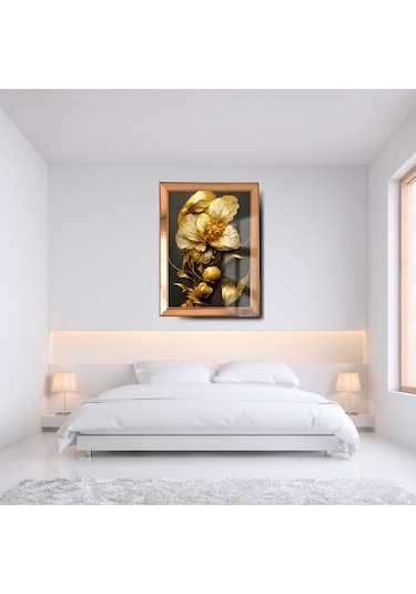 Ayna Çerçeveli Cama Baskılı 3d Çiçek Cam Gold Siyah Detaylı Tablo
