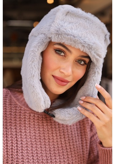 Çıtçıtlı Kürklü Kulaklıklı Peluş Bere Şapka Rkş-03 Gri Gri