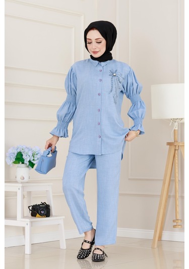 Önü Taşlı Kolu Lastikli İkili Takım-bebe Mavi-5099 Bebe Mavi