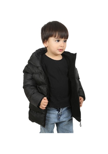 Freemen Erkek Çocuk Siyah Polarlı Kapüşonlu Su Geçirmez Rüzgara Dayanıklı Şişme Kışlık Mont Siyah