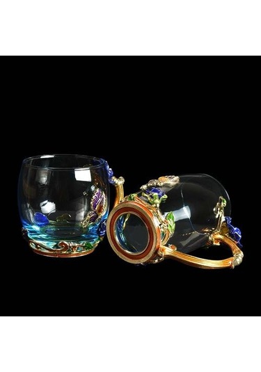 Mavi Gül Emaye Kristal Kupası Çiçek Çay Cam Yüksek Dereceli Cam Su Kupası Çiçek Kupa İle Handgrip Ile Mükemmel Hediye Düğün Kupalar Mavi Ahşap