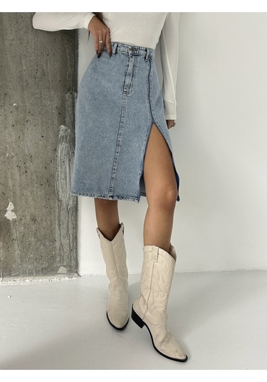 Kadın Ön Yırtmaç Fermuar Detaylı Kot Etek Taş