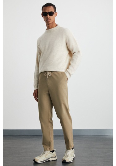 GRIMELANGE Reese Erkek Rahat Fit Beli Lastikli Dokuma Pamuk Elastan Kumaşlı Yıkamalı Bej Pantolon Bej